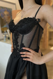 Spaghetti Straps Thigh Split Lace Appliques Black Prom Dresses KPP1688