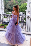 A Line Purple Tulle Long Prom Dresses Layered Evening Formal Dresses KPP1689