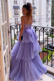 A Line Purple Tulle Long Prom Dresses Layered Evening Formal Dresses KPP1689