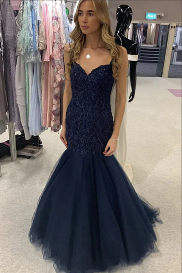 Navy Blue Mermaid Spaghetti Straps Lace Prom Dresses, Evening Gown KPP1690