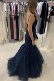 Navy Blue Mermaid Spaghetti Straps Lace Prom Dresses, Evening Gown KPP1690