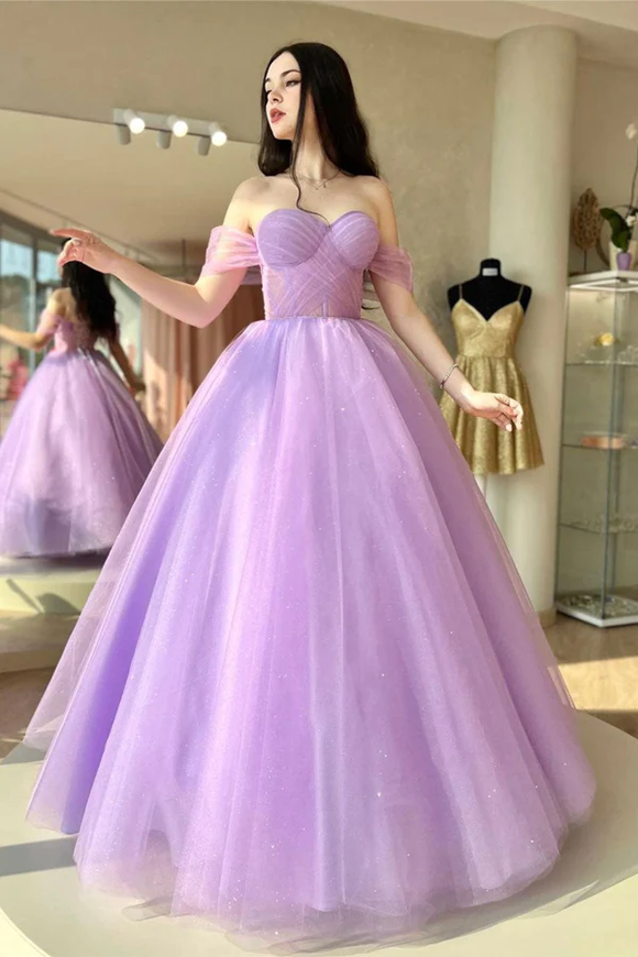 A Line Sweetheart Neck Tulle Purple Long Prom Dress Formal Dresses KPP1691