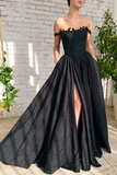 A Line Black Taffeta Split Long Prom Evening Dress With Pockets KPP1692