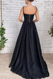 A Line Black Taffeta Split Long Prom Evening Dress With Pockets KPP1692