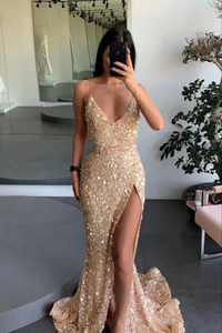 Gold Engagement Spaghetti Straps Mermaid Long Prom Dresses,Evening Gown KPP1693