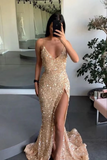 Gold Engagement Spaghetti Straps Mermaid Long Prom Dresses,Evening Gown KPP1693