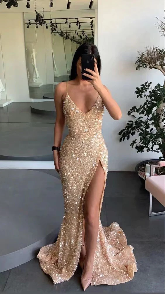 Gold Engagement Spaghetti Straps Mermaid Long Prom Dresses,Evening Gow kateprom Gold Engagement Spaghetti Straps Mermaid Long Prom Dresses,Evening Gow kateprom