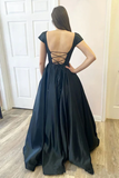 Black A Line Satin Open Black Cap Sleeves Long Prom Dresses KPP1694