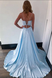Blue Satin Lace Top Spaghetti Straps Long Prom Dresses With Side Slit KPP1695