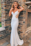Kateprom White V Neck Appliques Backless Mermaid Long Formal Prom Dress KPP1696