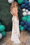 Kateprom White V Neck Appliques Backless Mermaid Long Formal Prom Dress KPP1696