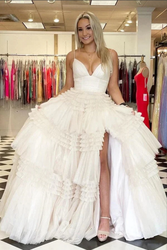 Ivory Ball Gown Tulle Spaghetti Straps V Neck Long Prom Dresses With Slit KPP1697
