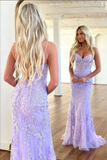 Purple Tulle Mermaid Sweetheart Neck Lace Appliques Long Prom Dress KPP1698