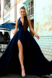 Elegant Satin A Line Prom Dresses With Slit Long Evening Gowns KPP1699
