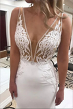 Mermaid Deep V Neck Lace Appliques Wedding Dress With Sweep Train KPW0742