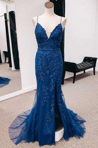 Navy Appliques Lace Up Back Mermaid Long Prom Dress With Slit KPP1703