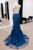 Navy Appliques Lace Up Back Mermaid Long Prom Dress With Slit KPP1703