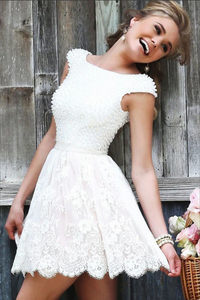 White Appliques Lace Homecoming Dresses, Scoop Beaded Irregular Short Prom Dress KPH0670