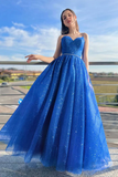 Blue A Line Tulle Long Prom Dress Sparkly Formal Evening Dresses KPP1704