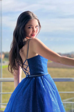 Blue A Line Tulle Long Prom Dress Sparkly Formal Evening Dresses KPP1704