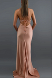 Simple Blush Mermaid Open Back V Neck Spaghetti Straps Long Prom Dresses KPP1706