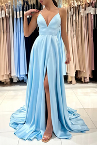 Blue V Neck Satin Long Prom Dress Simple A Line Evening Dress KPP1707