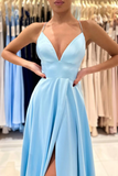 Blue V Neck Satin Long Prom Dress Simple A Line Evening Dress KPP1707