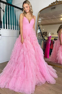 Pink Tulle Tiered A Line V Neck Spaghetti Straps Prom Dresses, Party Dress KPP1713