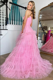 Pink Tulle Tiered A Line V Neck Spaghetti Straps Prom Dresses, Party Dress KPP1713