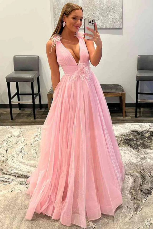 Feathers Backless Pink Plunging V-Neck Tulle Long Formal Dress KPP1714