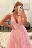 Feathers Backless Pink Plunging V-Neck Tulle Long Formal Dress KPP1714