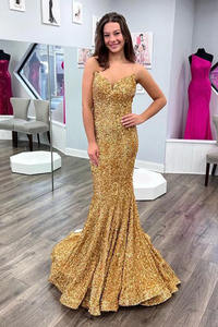 Strapless Mermaid Golden Sequins Long Prom Dress, Mermaid Golden Formal Dress, Golden Evening Dress KPP1715
