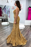 Strapless Mermaid Golden Sequins Long Prom Dress, Mermaid Golden Formal Dress, Golden Evening Dress KPP1715