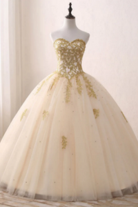 Princess Sweetheart Champagne Ball Gown Sweet 16 Dress Quinceanera Prom Gown with Gold Lace KPP1716