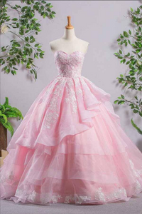 Pink Tulle A Line Sweetheart Lace Appliques Prom Dresses, Evening Gown KPP1717
