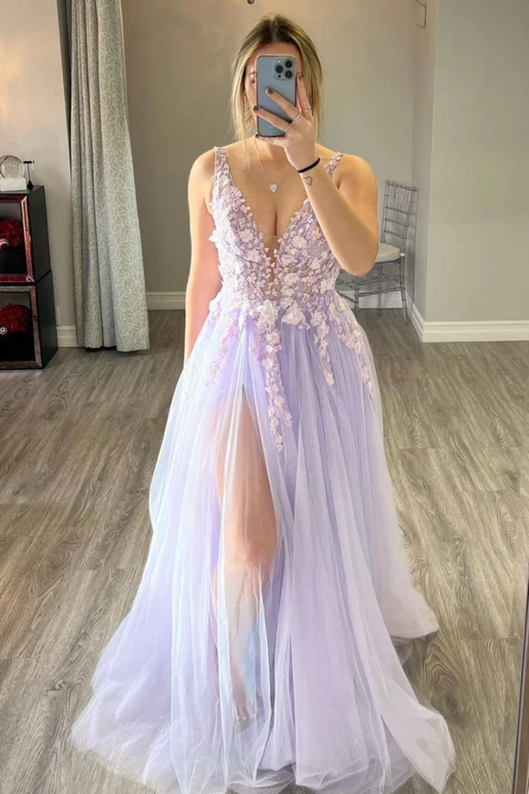 V Neck Purple Tulle Long Prom Dress with Lace Appliques, High Slit Lilac Lace Formal Graduation Evening Dress KPP1718