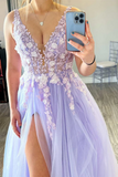 V Neck Purple Tulle Long Prom Dress with Lace Appliques, High Slit Lilac Lace Formal Graduation Evening Dress KPP1718