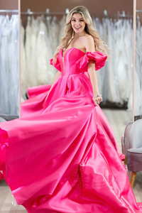 Hot Pink Puff Sleeves Off The Shoulder Simple Prom Evening Dresses KPP1720