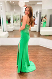 Strapless Mermaid Green Lace Long Prom Dress with High Slit, Mermaid Green Formal Dress KPP1722