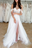 Off Shoulder White Lace Long Prom Dress with High Slit, Ivory Lace Formal Evening Dress KPP1723