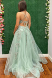 V Neck Backless Sage Tulle Lace Long Prom Dress with High Slit KPP1724