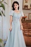 Short Sleeves Beaded Blue Long Prom Dress, Princess Blue Formal Graduation Evening Dress KPP1725
