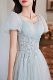 Short Sleeves Beaded Blue Long Prom Dress, Princess Blue Formal Graduation Evening Dress KPP1725