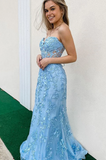 Strapless Mermaid Light Blue Lace Long Prom Dress, Mermaid Blue Formal Dress KPP1727