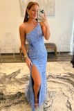 Mermaid One Shoulder Blue Long Lace Prom Evening Dress With Split KPP1729