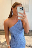 Mermaid One Shoulder Blue Long Lace Prom Evening Dress With Split KPP1729