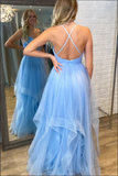 Shiny Light Blue Tulle V Neck Open Back Prom Dresses, Evening Dresses KPP1730