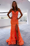 Mermaid V Neck Glitter Slit Orange Split Prom Evening Dress KPP1731