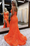 Mermaid V Neck Glitter Slit Orange Split Prom Evening Dress KPP1731