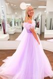 Off Shoulder Beaded Lilac Tulle Long Prom Dresses, Off the Shoulder Purple Formal Dresses KPP1732